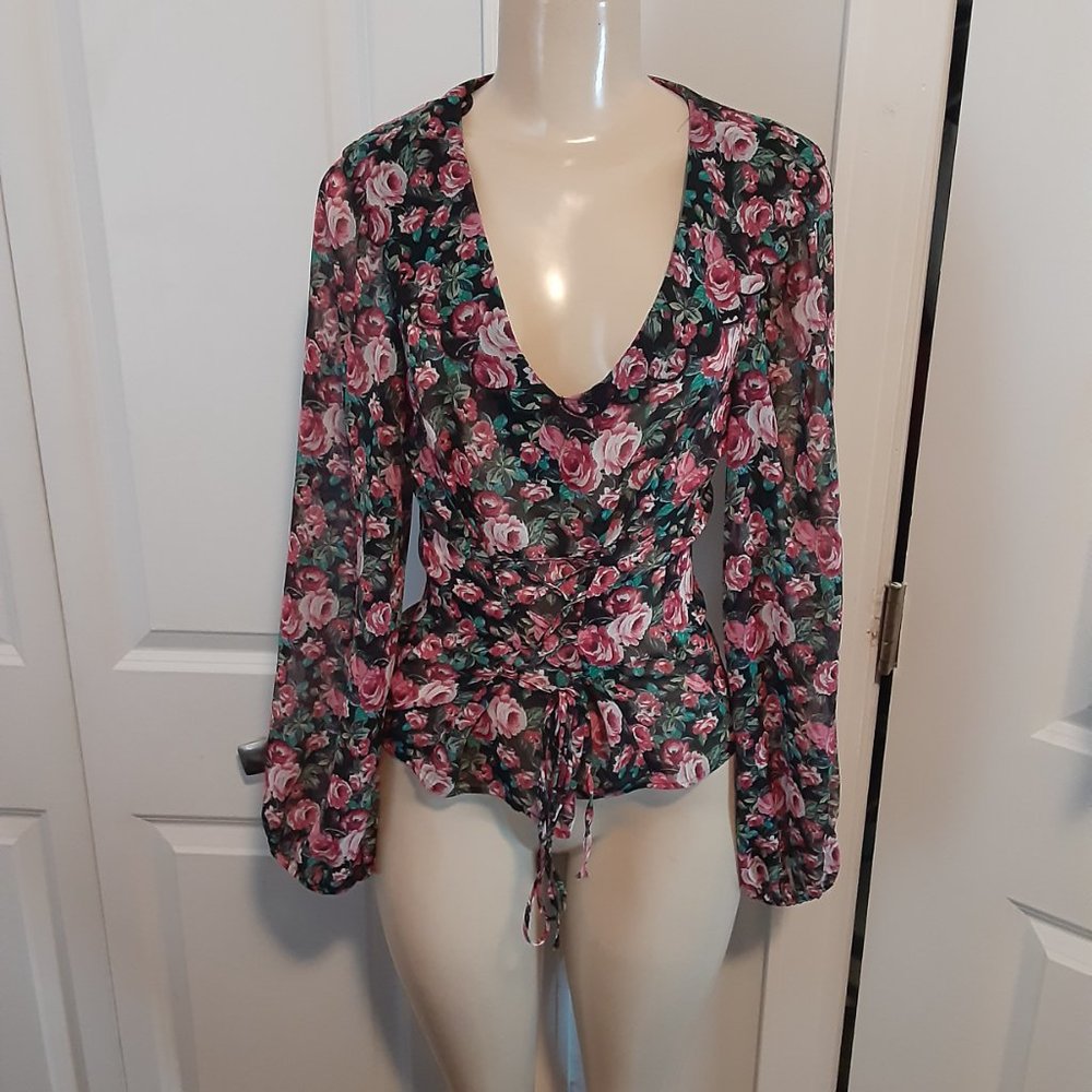 Zara Dark Floral Rose Front Lace Up Corset Top Chiffon Billowing Long Sleeves